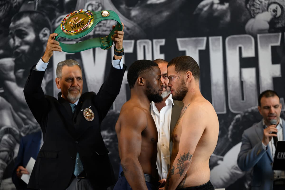 Thomas Chabot and Jose Antonio Sampedro face off at the weigh-in ahead of their bout