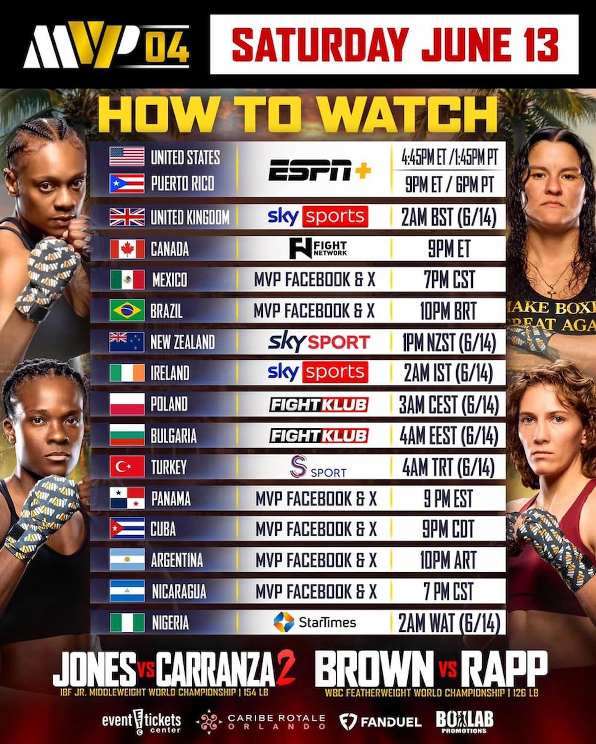 MVPW-04 how to watch promotional graphic featuring fighters, flags, and broadcast platforms