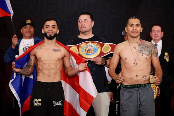Oscar Collazo and Neider Valdez during the weigh-in ahead of their boxing bout