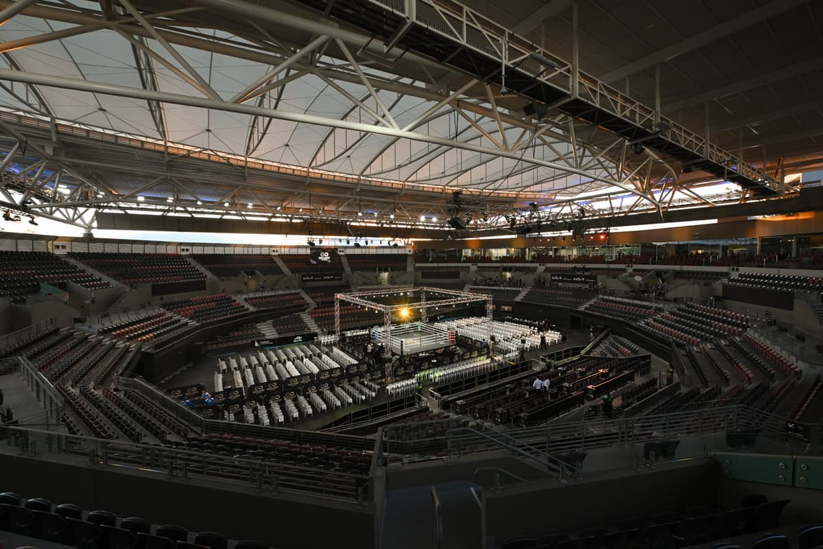 Overview of Pat Rafter Arena with a boxing ring installed for the event