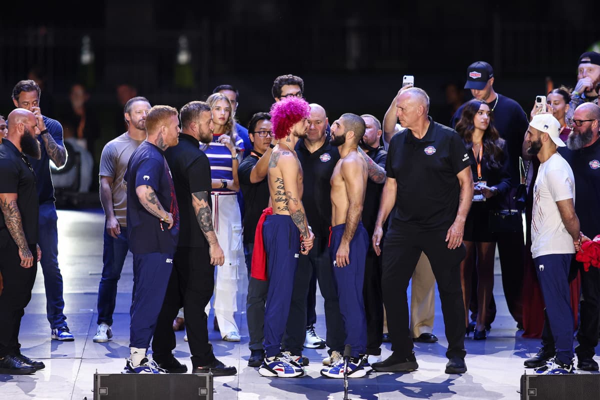 Sean O’Malley and Aiemann Zahabi face off during the UFC Freedom 250 ceremonial weigh-in