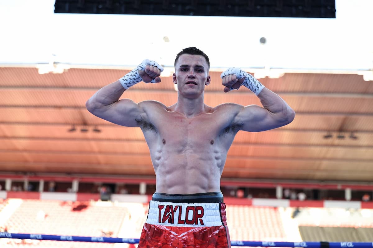 Taylor Bevan poses in the ring after his victory over Ryszard Lewicki