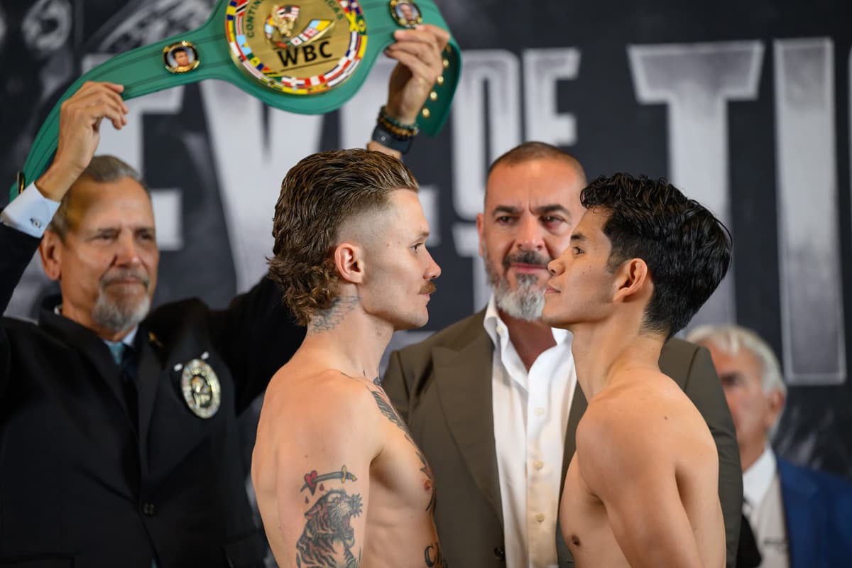 Thomas Chabot and Jose Antonio Sampedro face off at the weigh-in ahead of their bout