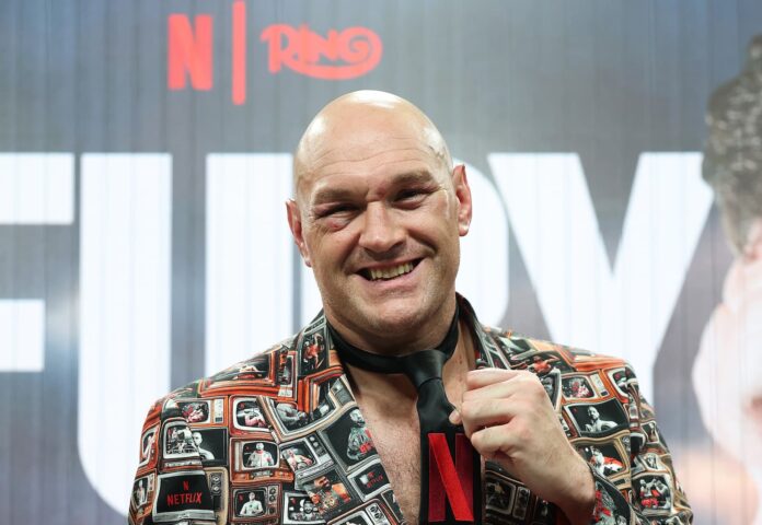 Tyson Fury during the post-fight press conference after his victory over Arslanbek Makhmudov