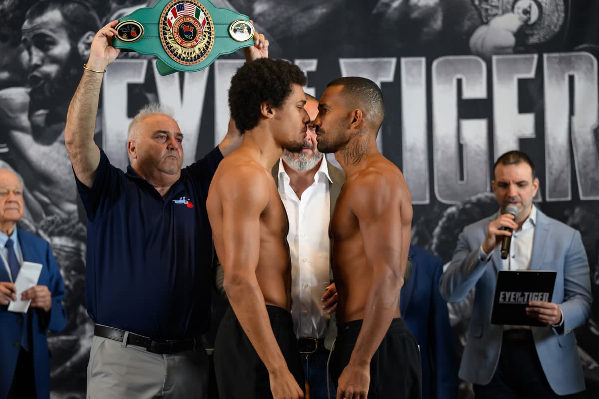 Wilkens Mathieu and Esquiva Falcao face off at the weigh-in ahead of their bout