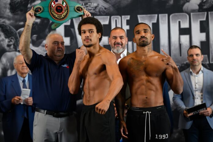 Wilkens Mathieu and Esquiva Falcao at the weigh-in ahead of their boxing bout