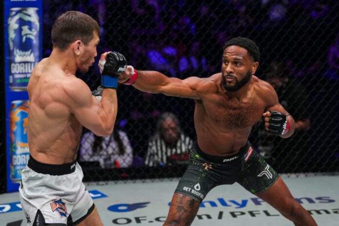 AJ McKee throws a jab during his bout against Salamat Isbulaev at PFL San Diego