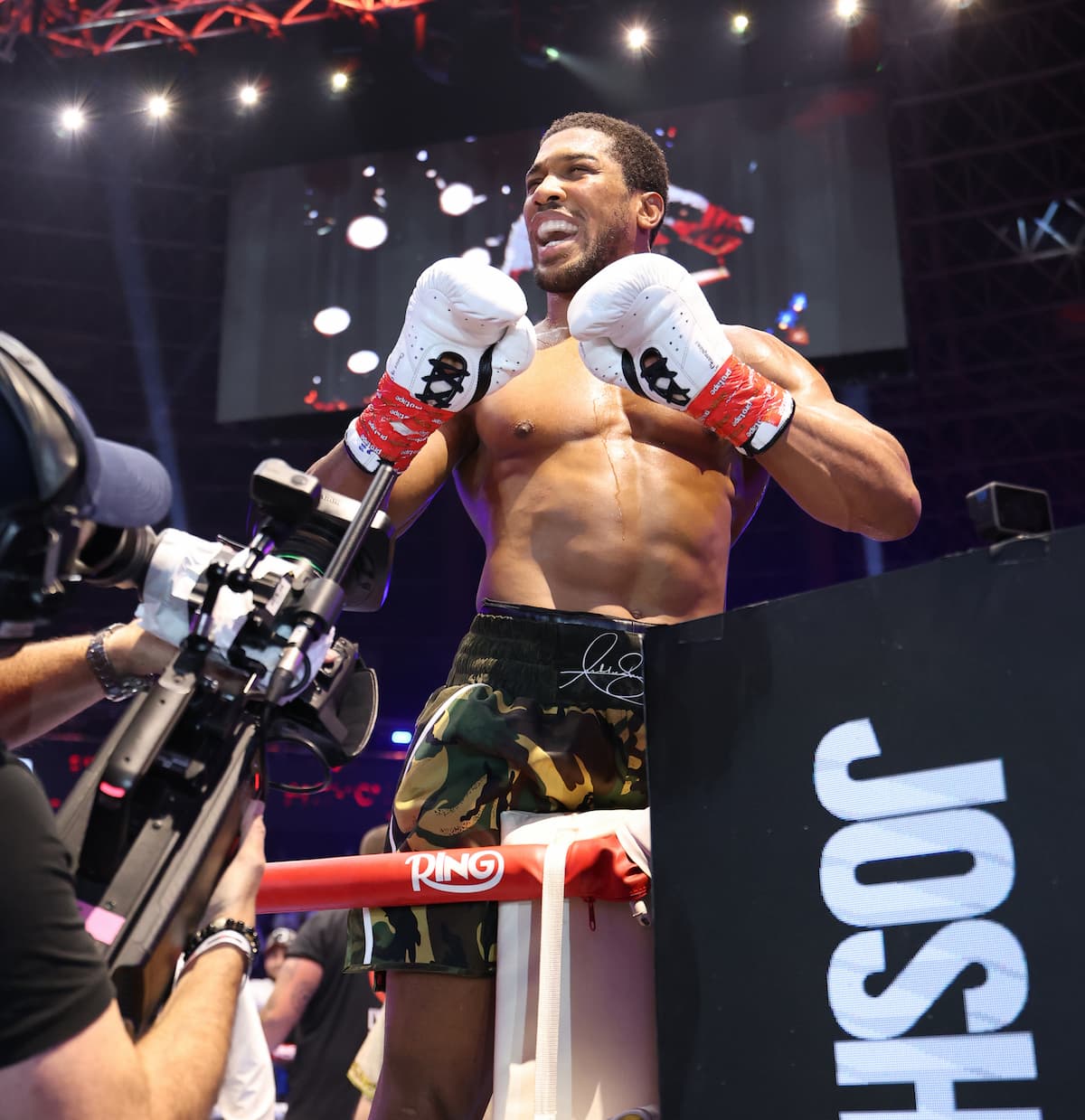 Anthony Joshua celebrates his victory over Kristian Prenga