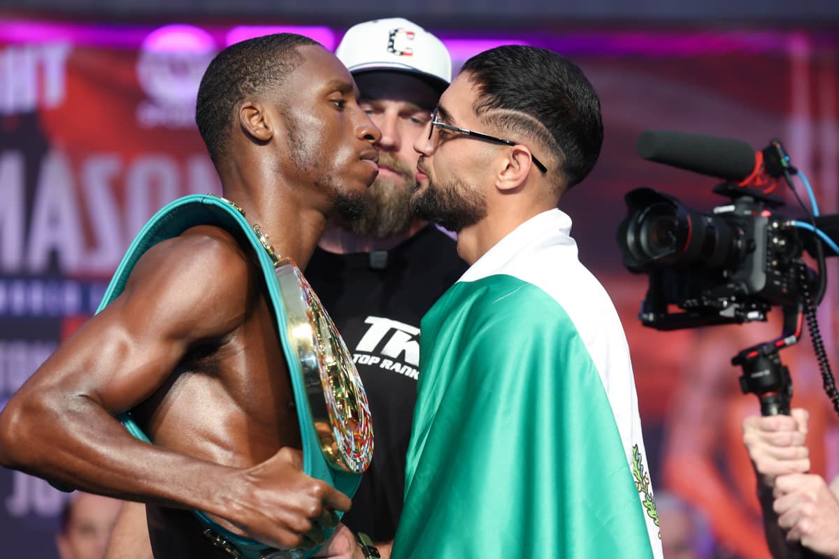 Bruce Carrington and Rene Palacios face off at the weigh-in in Cleveland