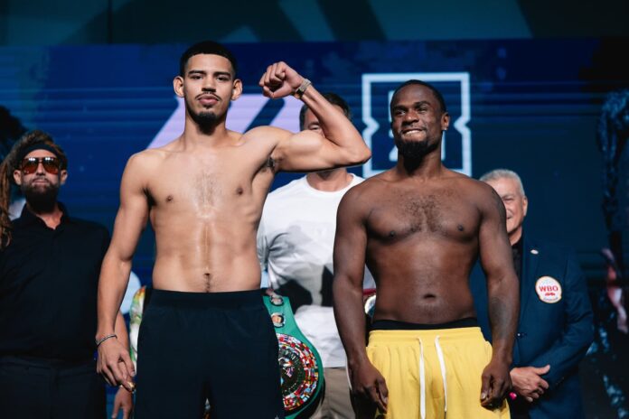 Diego Pacheco and Immanuwel Aleem during the weigh-in ahead of their boxing bout