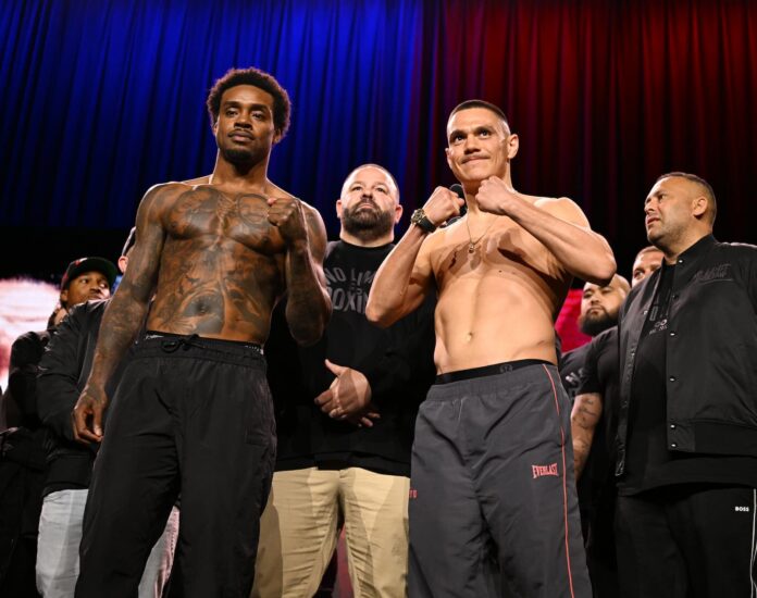 Errol Spence Jr. and Tim Tszyu during the weigh-in ahead of their boxing bout