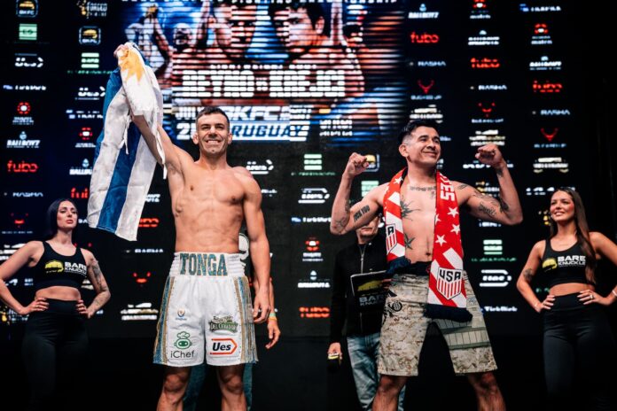 Gaston Reyno and Josh Krejci at the BKFC Uruguay weigh-in