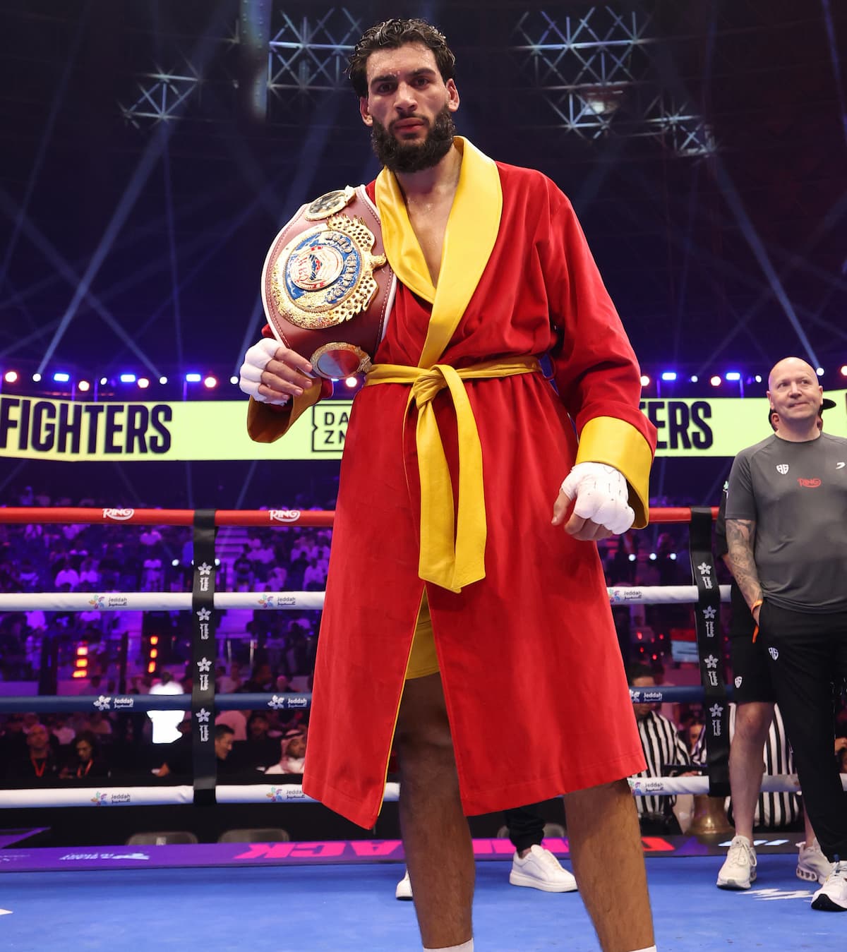 Hamzah Sheeraz with his WBO championship belt after his victory over Simon Zachenhuber