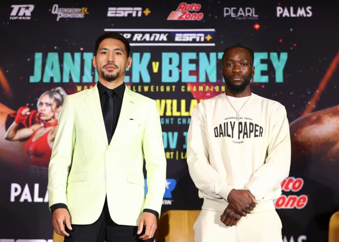 Janibek Alimkhanuly and Denzel Bentley during a press conference
