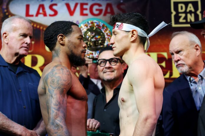 Lamont Roach Jr. and William Zepeda face off during the weigh-in ahead of their boxing bout