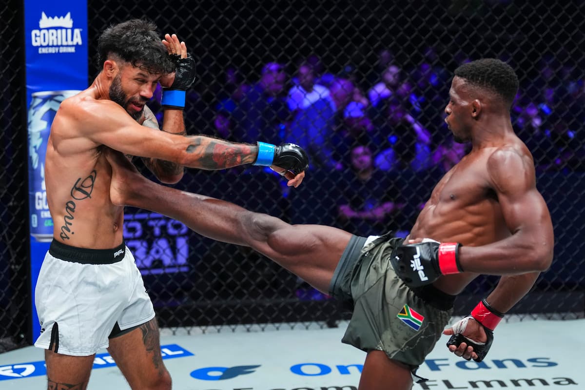 Nkosi Ndebele throws a push kick during his bout against Brandon Davis