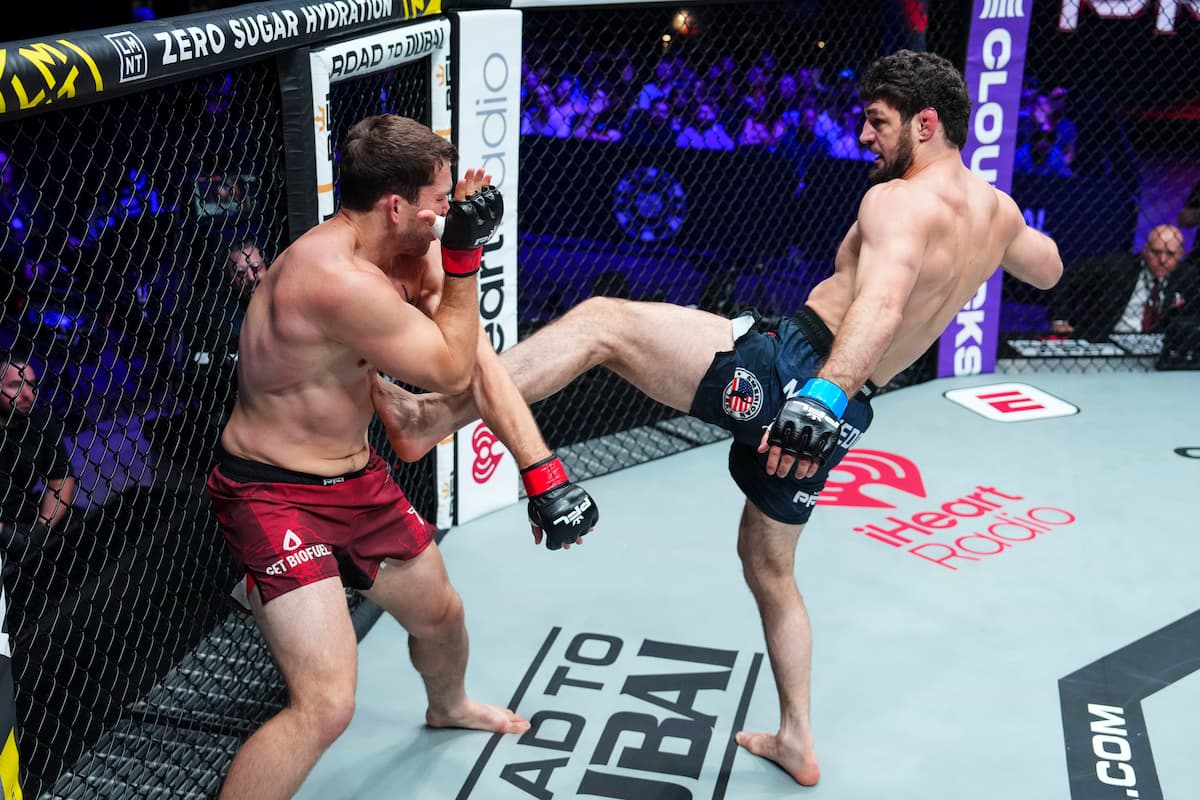 Rasul Magomedov throws a kick during his bout against Sullivan Cauley