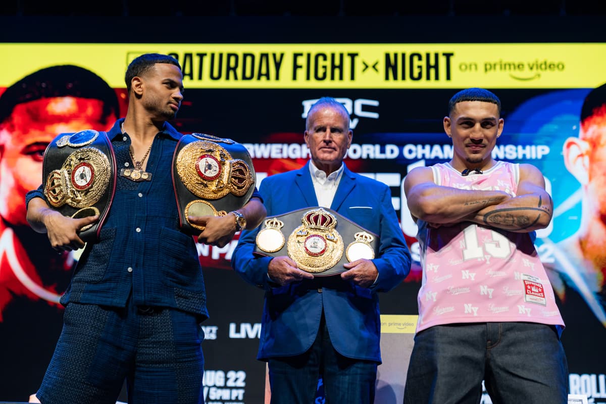 Rolando Romero and Teofimo Lopez during a launch press conference