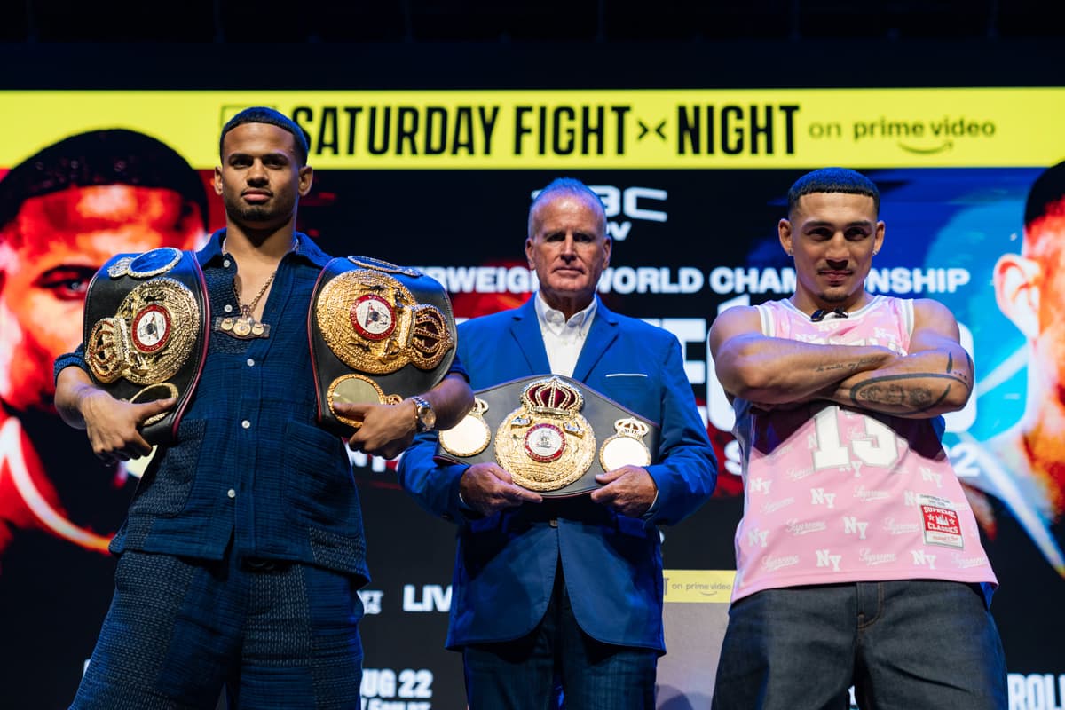 Rolando Romero and Teofimo Lopez during a launch press conference