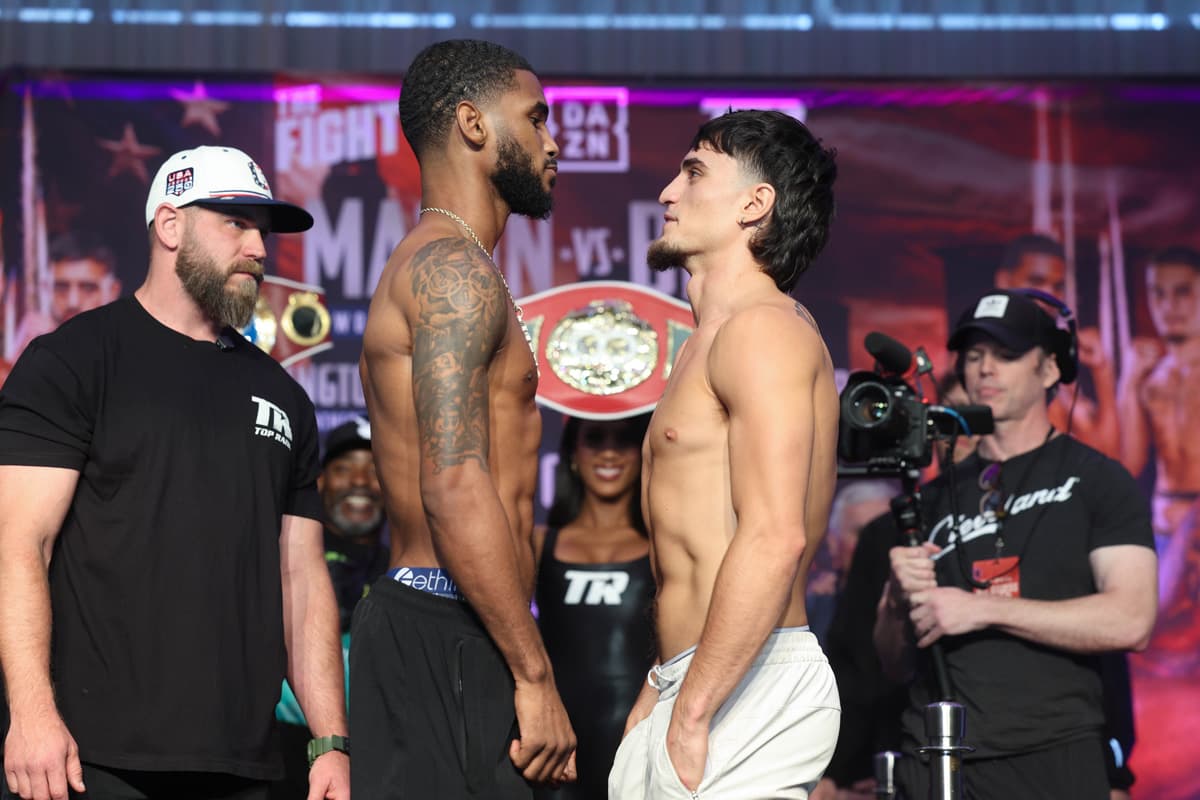 Tiger Johnson and Christopher Guerrero face off at the weigh-in in Cleveland