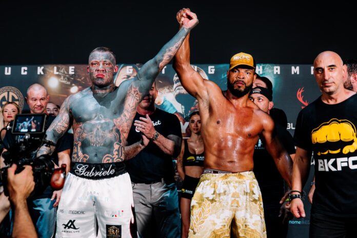 Walter Pugliesi and Lorenzo Hunt at the BKFC 91 Naples weigh-in