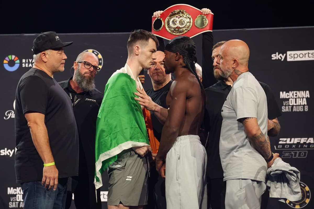 Aaron McKenna and Etinosa Oliha face off during the Zuffa Boxing 10 ceremonial weigh in