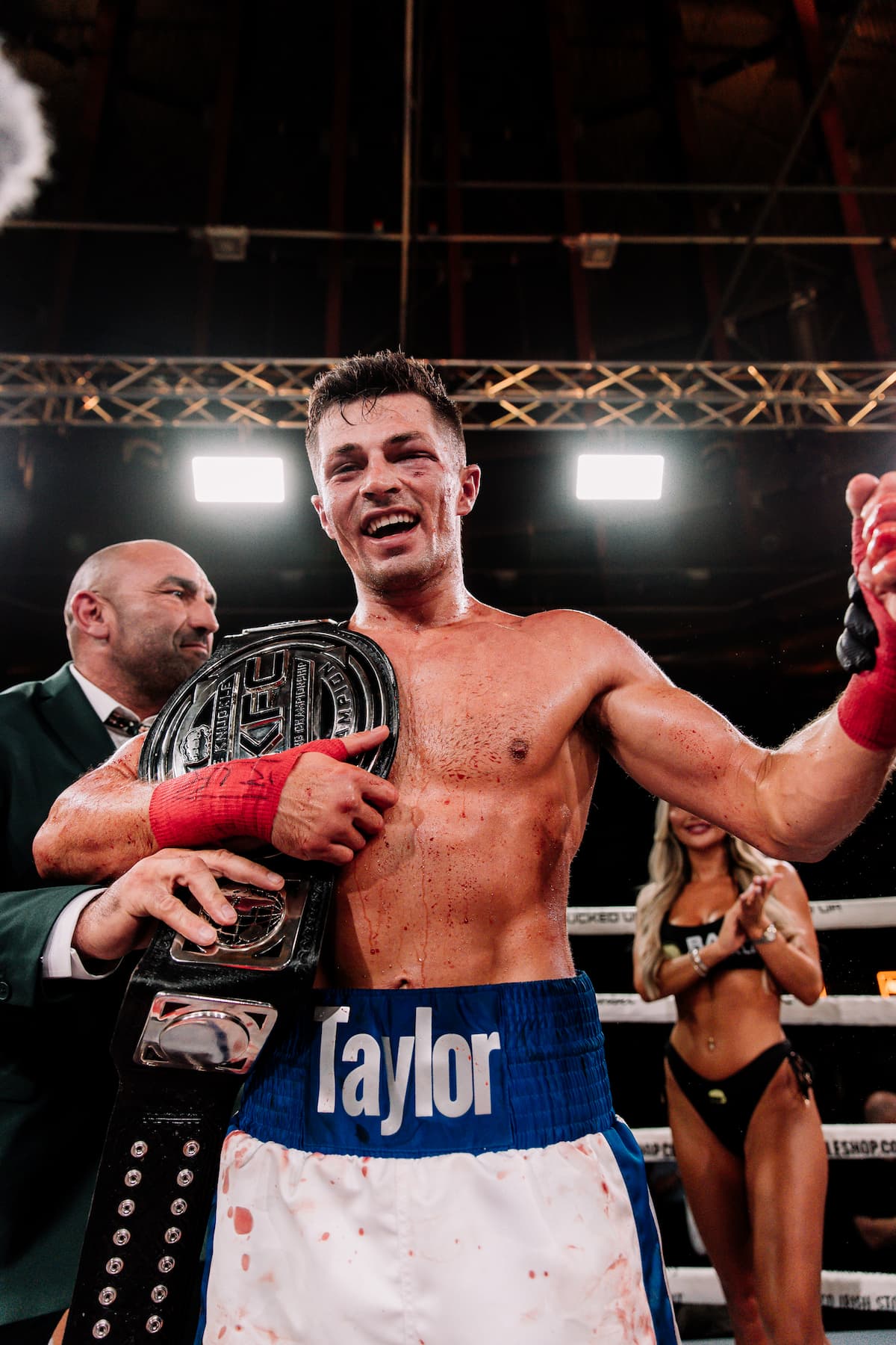 Bradley Taylor poses with his championship belt after his victory over Lewis Garside