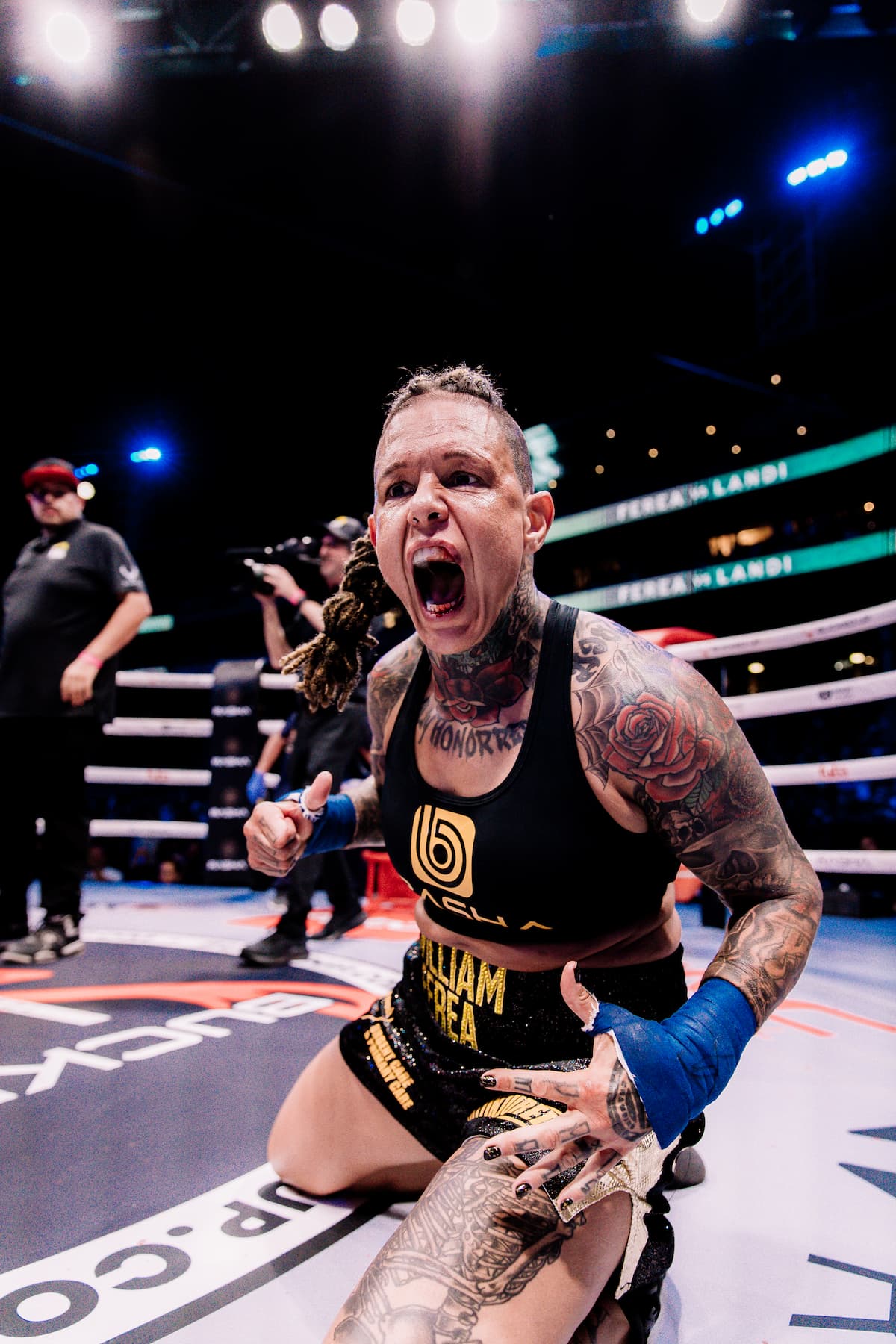 Christine Ferea celebrates her victory over Sofia Landi