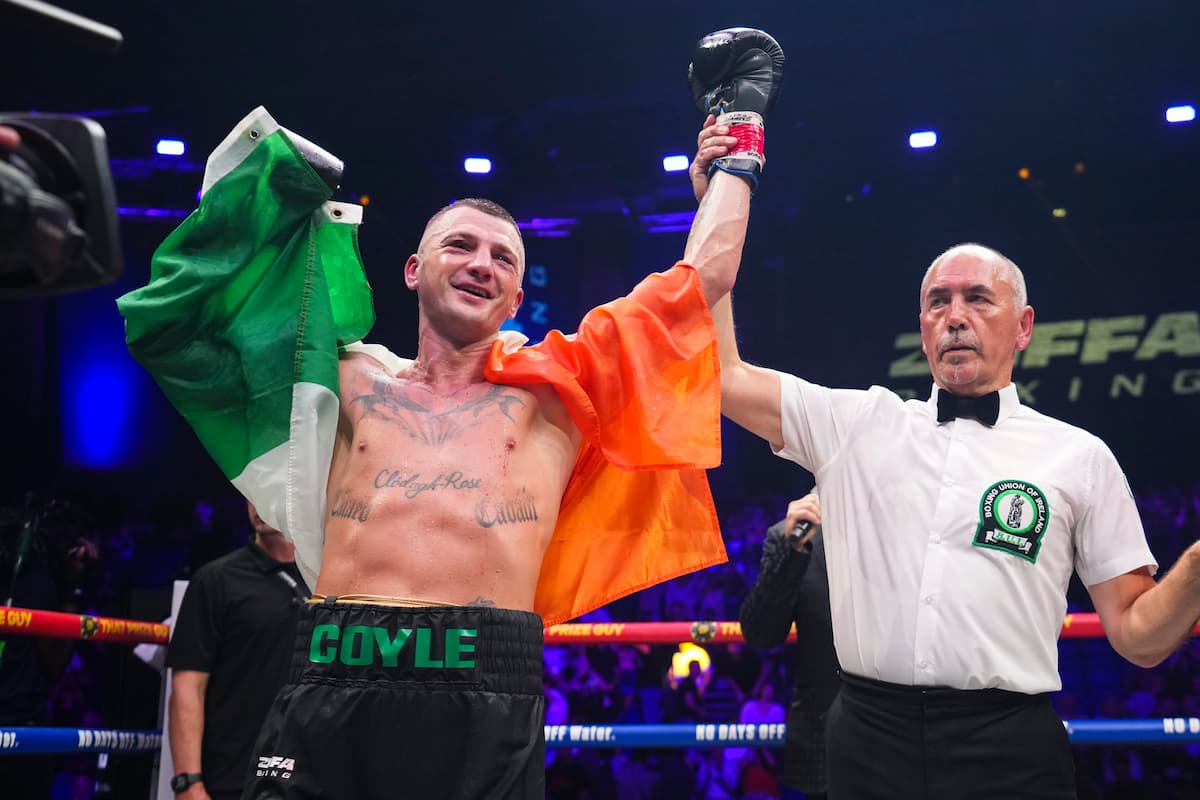 Connor Coyle has his hand raised by the referee after his victory over Mark Beuke