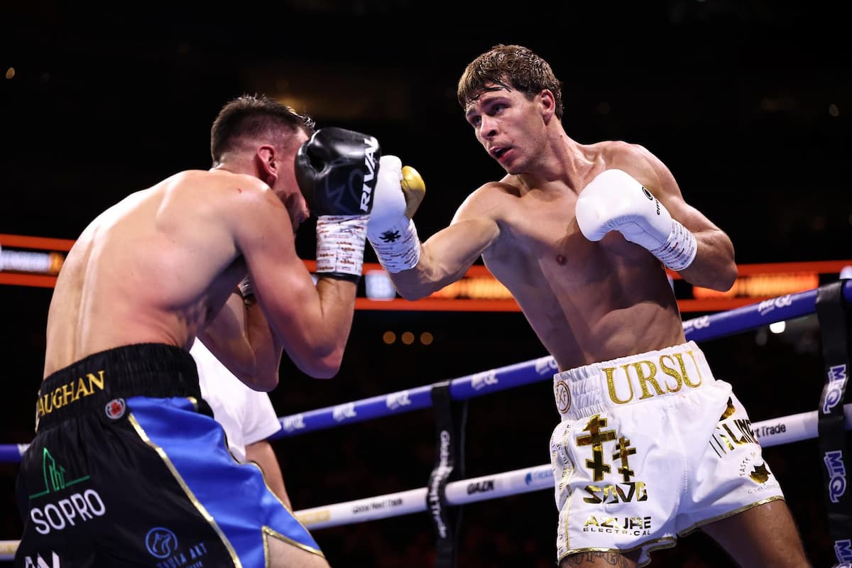 Constantin Ursu throws a punch during his bout against Ben Vaughan