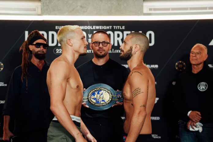 George Liddard and Dario Morello face off during the weigh-in ahead of their boxing bout