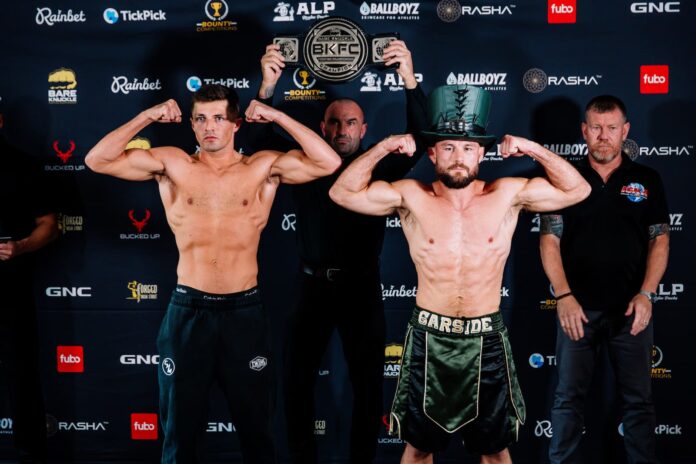 Lewis Garside and Bradley Taylor at the BKFC Newcastle weigh-in