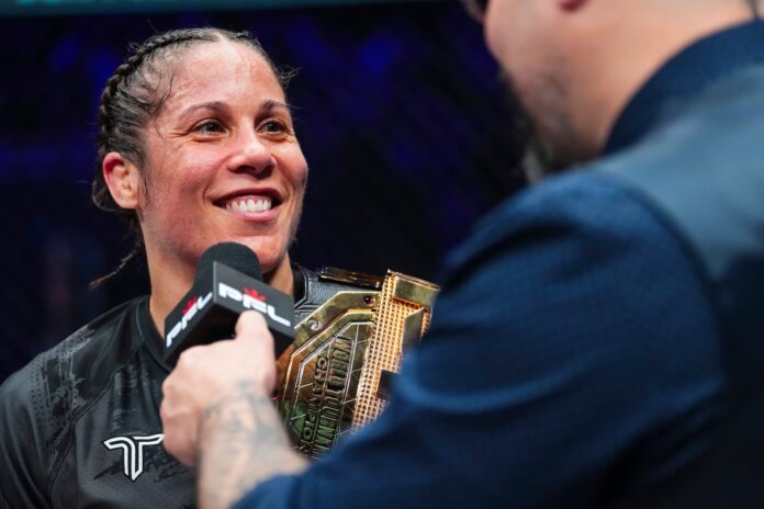 Liz Carmouche after her victory over Jena Bishop in the 2025 PFL World Tournament Flyweight Final