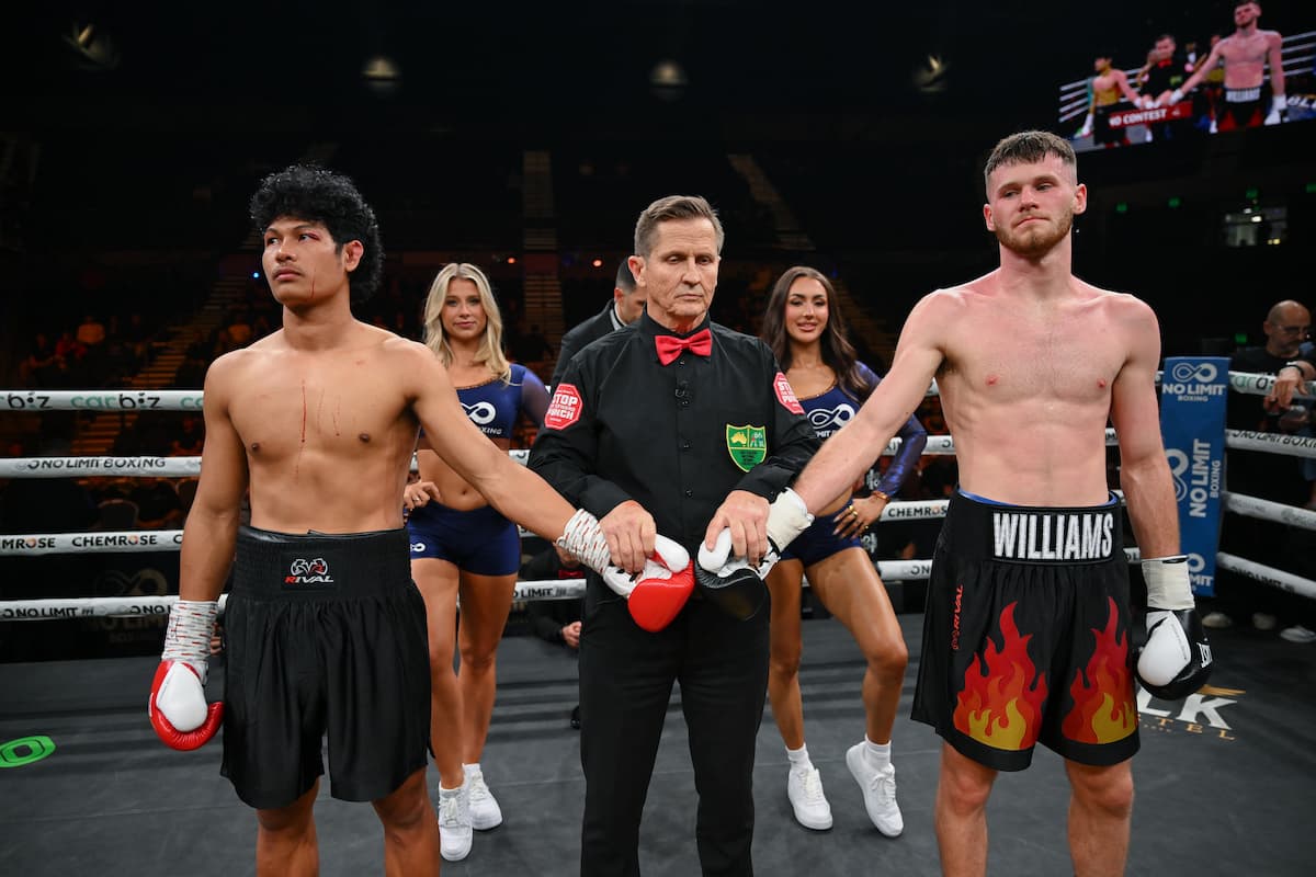Luke Williams and Prem Rungtiwa after their bout is declared a no contest