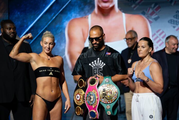Mikaela Mayer, Nakisa Bidarian and Chantelle Cameron during the weigh-in