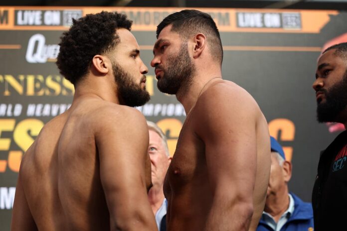 Moses Itauma and Filip Hrgovic face off during the ceremonial weigh-in