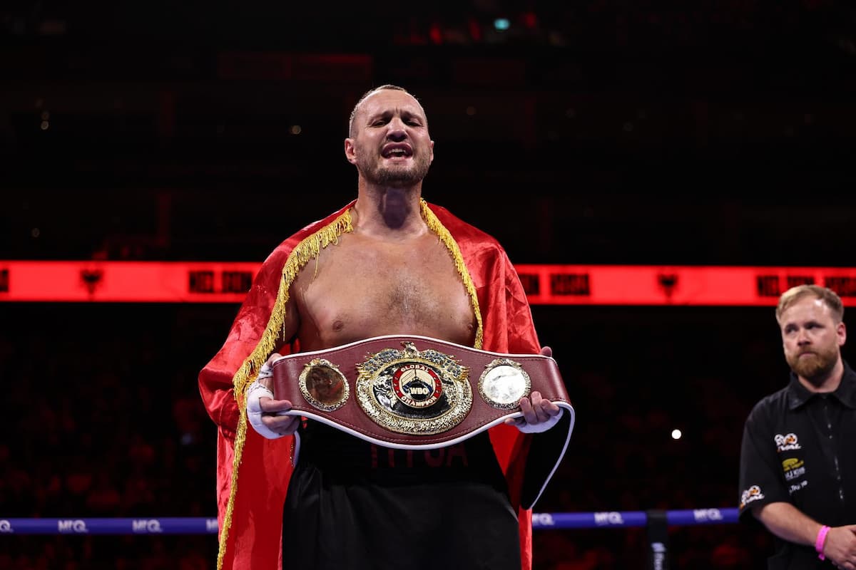 Nelson Hysa poses with his WBO championship belt after his victory over Thomas Narmo
