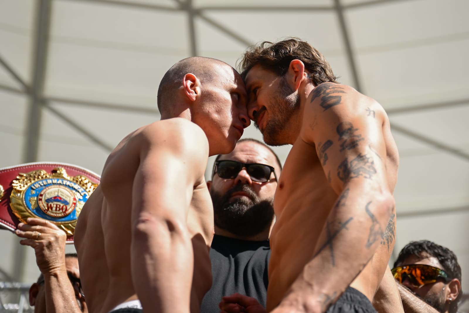 Nikita Tszyu and Ben Mahoney face off during the weigh-in ahead of their boxing bout