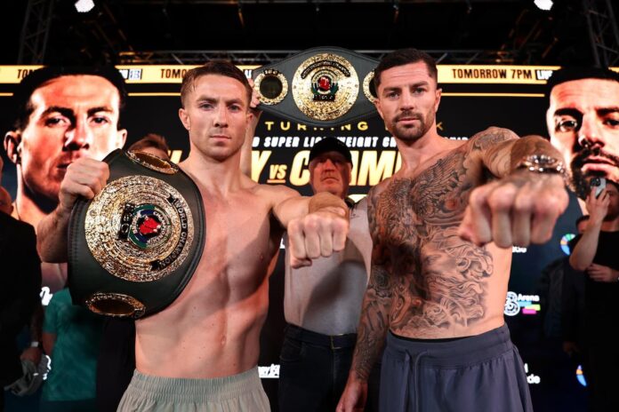 Pierce O'Leary and Mark Chamberlain during the weigh-in ahead of their boxing bout