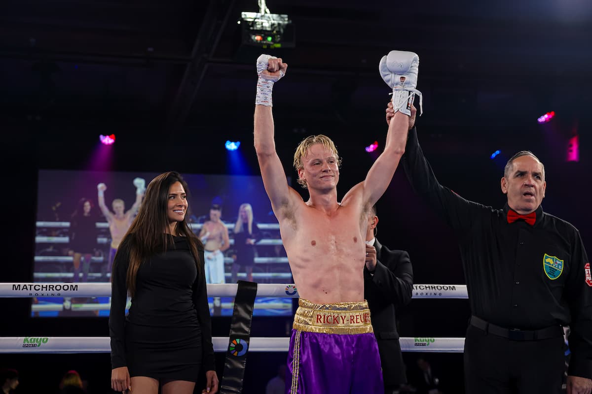 Reube Thornberry has his hand raised by the referee after his victory over Kai Kurr