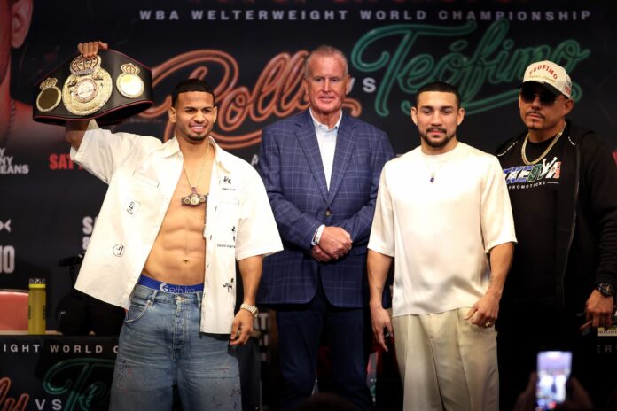 Rolando Romero and Teofimo Lopez during the press conference ahead of their boxing bout