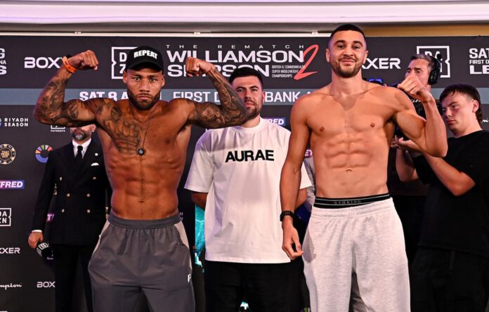 Troy Williamson and Callum Simpson during the weigh in