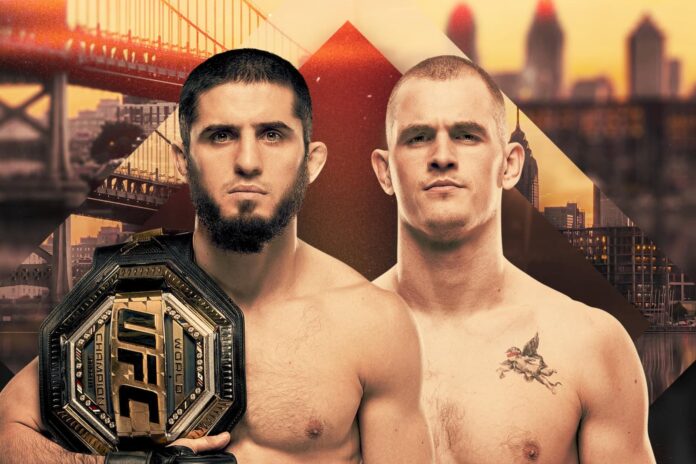 The faces of Islam Makhachev and Ian Machado Garry promoting their MMA bout at UFC 330