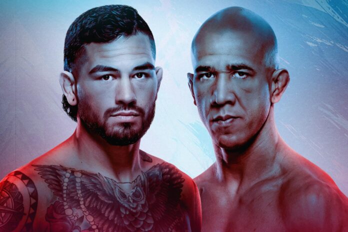 The faces of Anthony Hernandez and Gregory Rodrigues promoting their MMA bout at UFC Sacramento