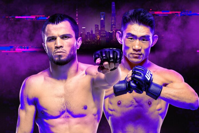The faces of Umar Nurmagomedov and Song Yadong promoting their MMA bout at UFC Shanghai