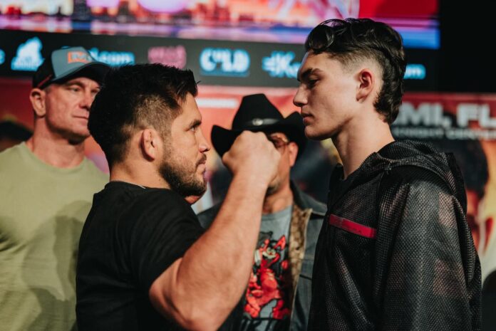 Henry Cejudo and Javon Walton face off during the Misfits Boxing press conference at Ashe Auditorium