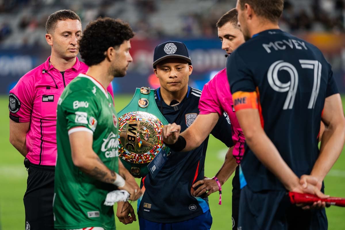 Isaac Cruz takes part in the opening coin toss before the game at Snapdragon Stadium