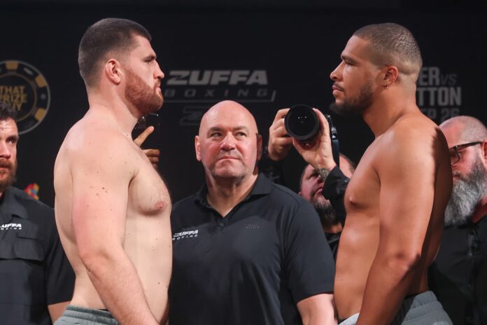 Johnny Fisher and Michael Pirotton face off during the Zuffa Boxing 11 ceremonial weigh-in