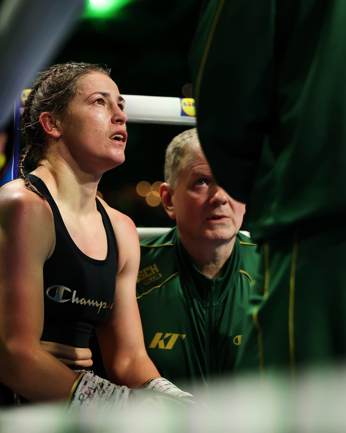 Katie Taylor in her corner during a break in her bout against Flora Pili
