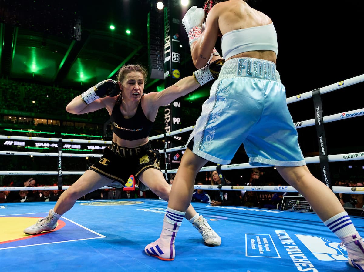 Katie Taylor throws a jab during her bout against Flora Pili
